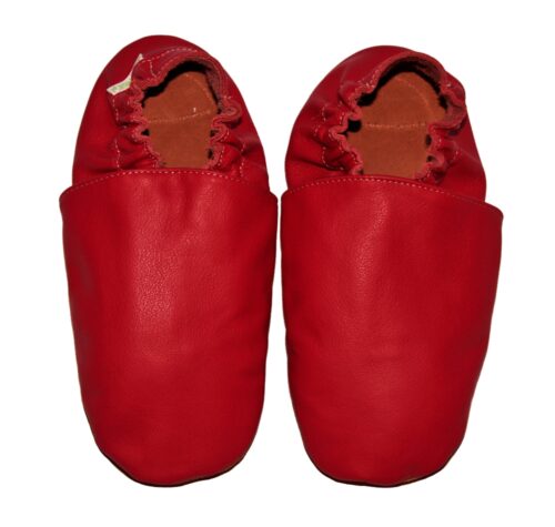 Chaussons bébé enfant adulte en cuir souple rouge