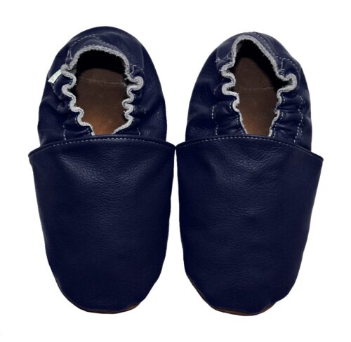 Chaussons bébé enfant adulte en cuir souple bleu marine uni