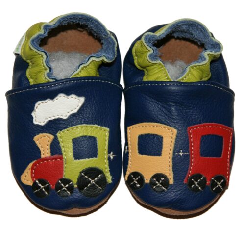 Chaussons bébé enfant en cuir souple train